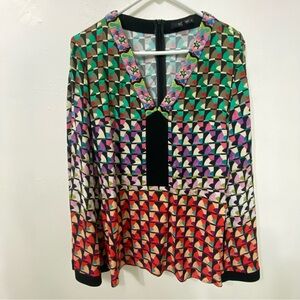 Etro Multicolor Knit Abstract Print Embellished Plunge Neck Beaded Detail Top